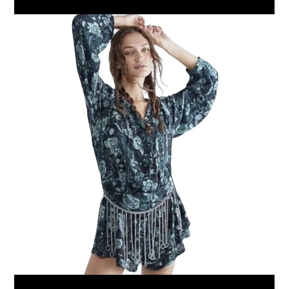 Free People Dance Til Dawn Womens Long Sleeve Shorts Romper Green Floral size S‎